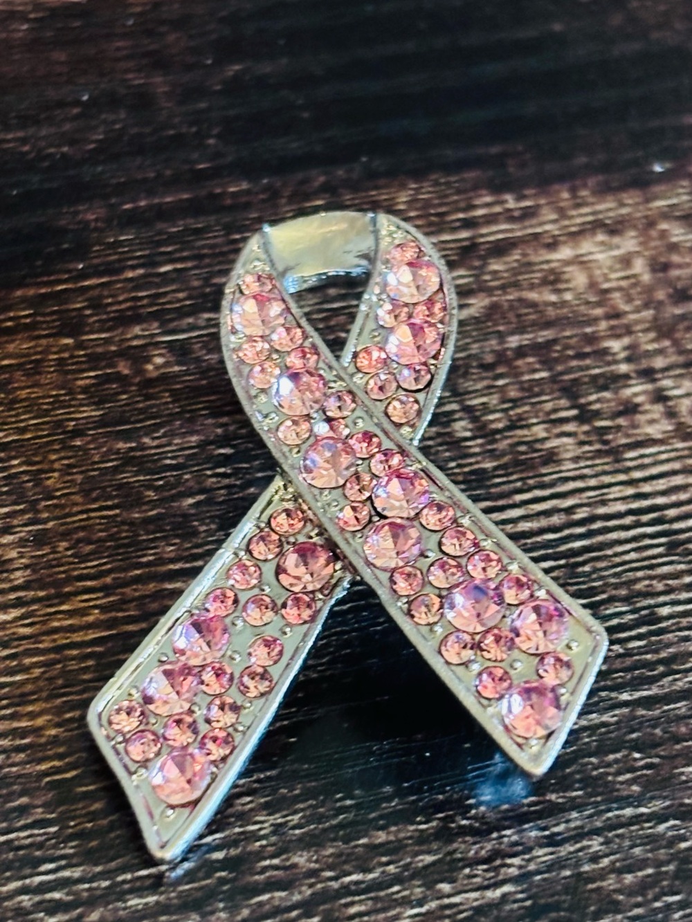 Pink‎ Rhinestone Breast Cancer Awareness Ribbon Brooch Pin Silver Tone Support
